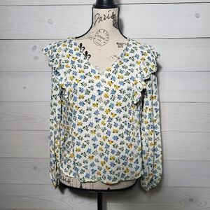 POPSUGAR Floral Ruffle Blouse in Blue and Yellow